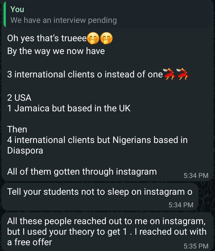 Chat: a student reports 3 international clients (2 in the USA, 1 in the UK) plus 4 diaspora clients through Instagram, one landed by reaching out with a free offer as Sky taught