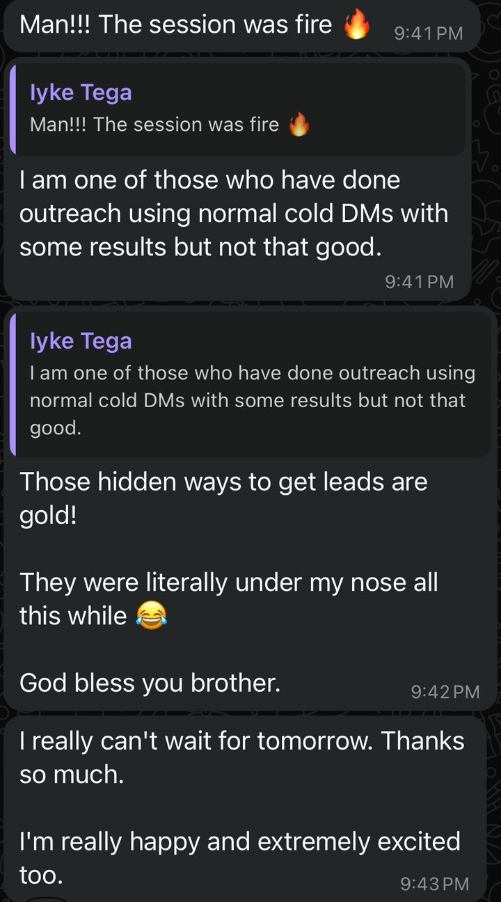 Chat: a student who had done cold DMs with weak results says the hidden lead sources from Sky's session were gold