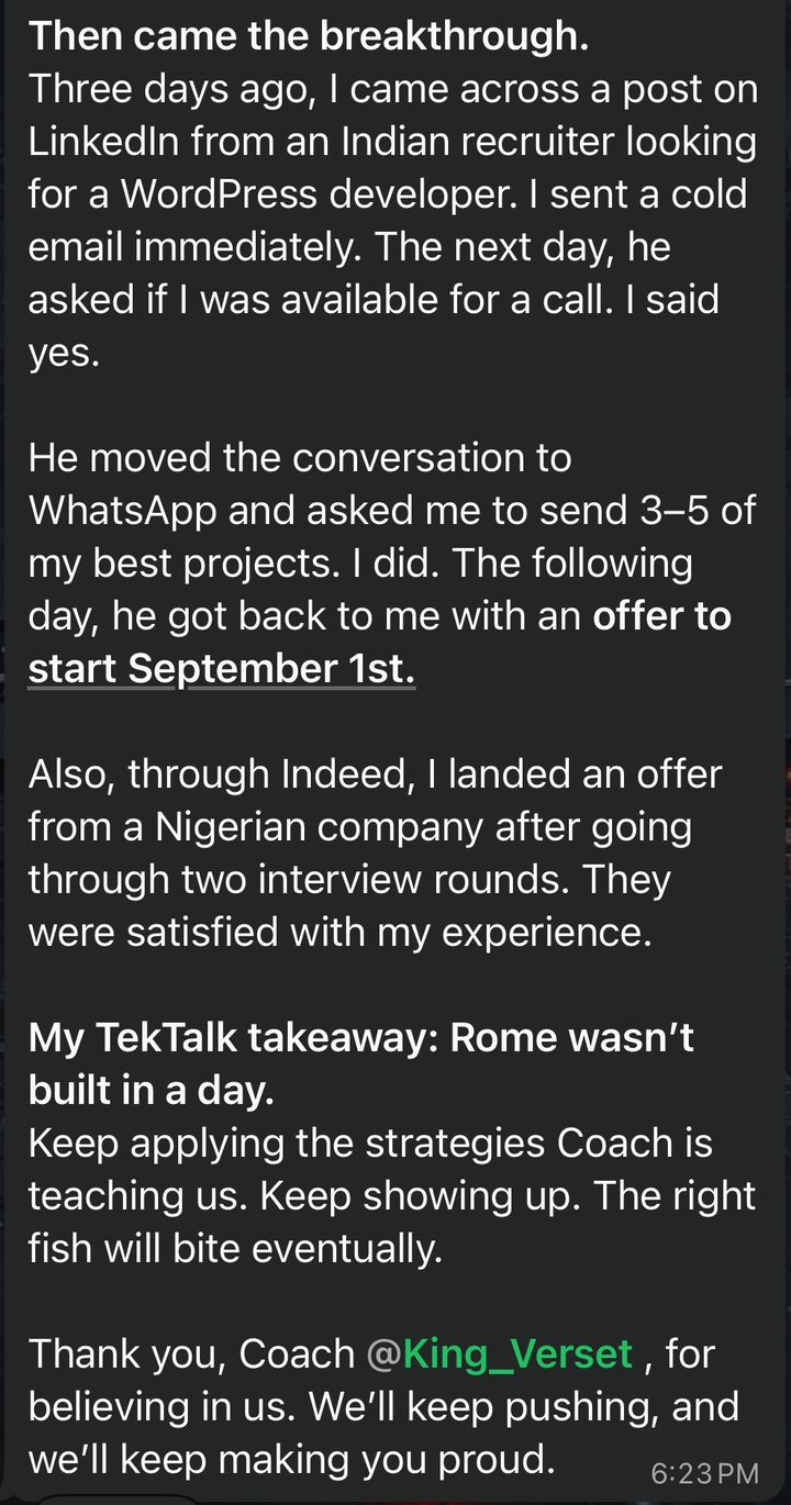 Group message: a member cold-emailed a recruiter after a LinkedIn post, got a call the next day and an offer to start September 1st